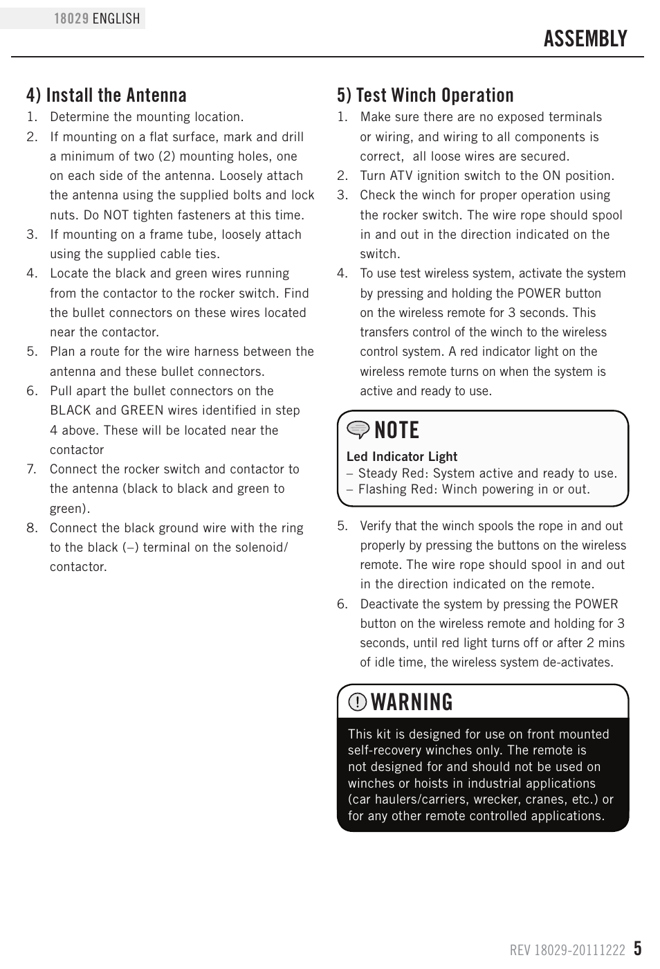 Warning, Assembly, 4) install the antenna | 5) test winch operation | Champion Power Equipment 18029 User Manual | Page 5 / 8