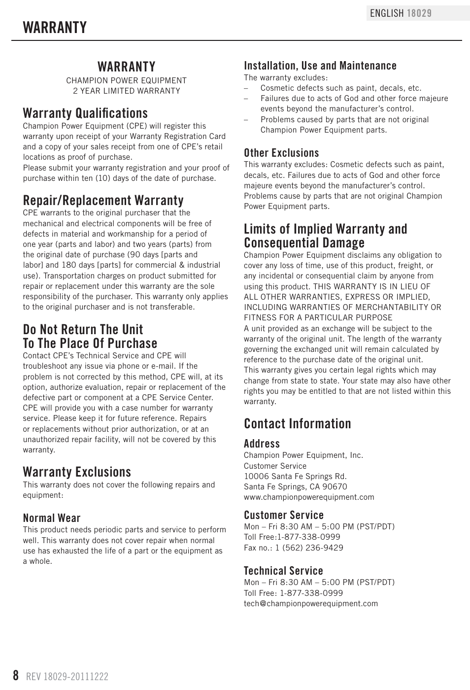 Warranty, Warranty qualifications, Repair/replacement warranty | Do not return the unit to the place of purchase, Warranty exclusions, Contact information | Champion Power Equipment 18029 User Manual | Page 8 / 8