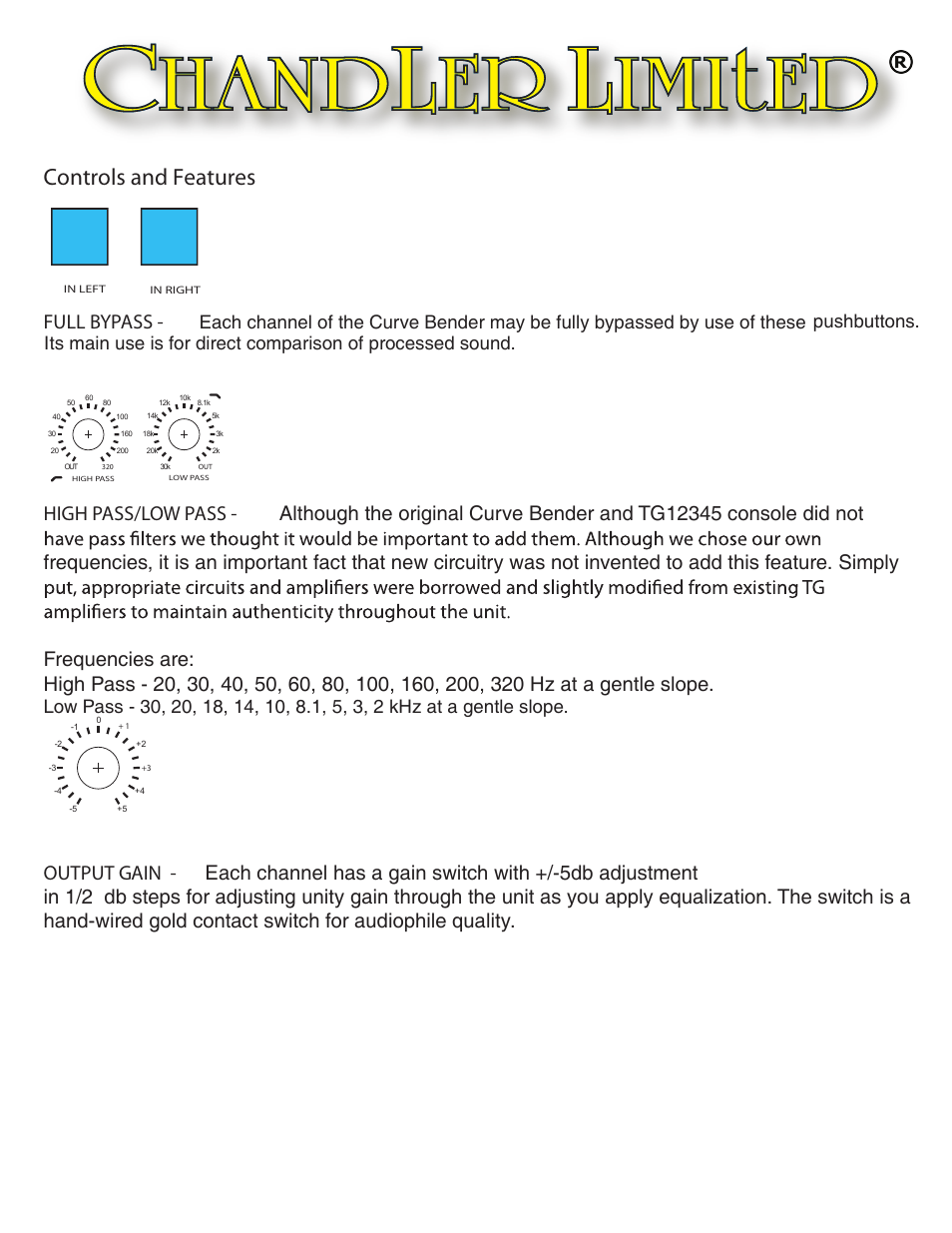 Controls and features, Full bypass | Chandler Limited Curve Bender with 1/2 dB steps User Manual | Page 2 / 5