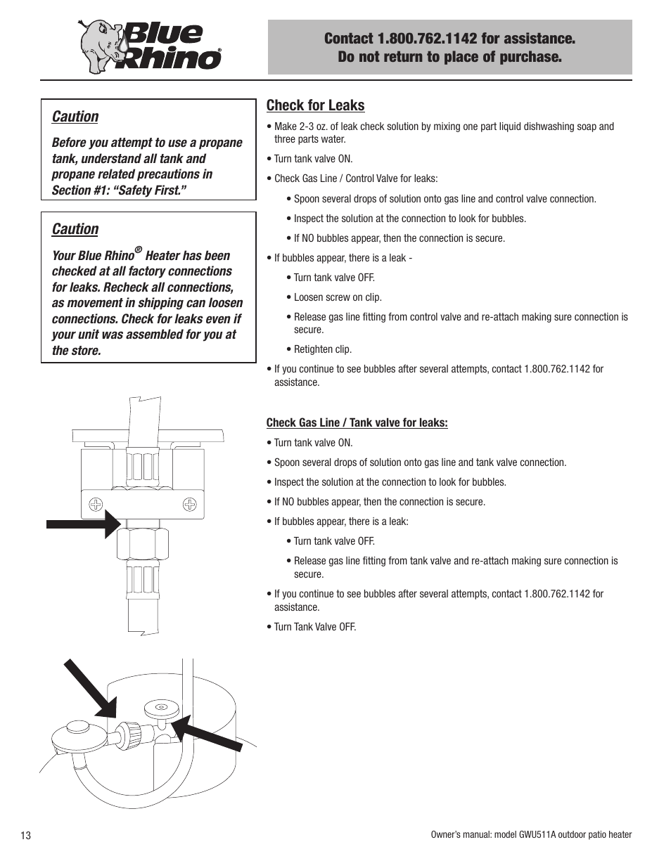 Check for leaks, Caution | Blue Rhino GWU512A User Manual | Page 14 / 44