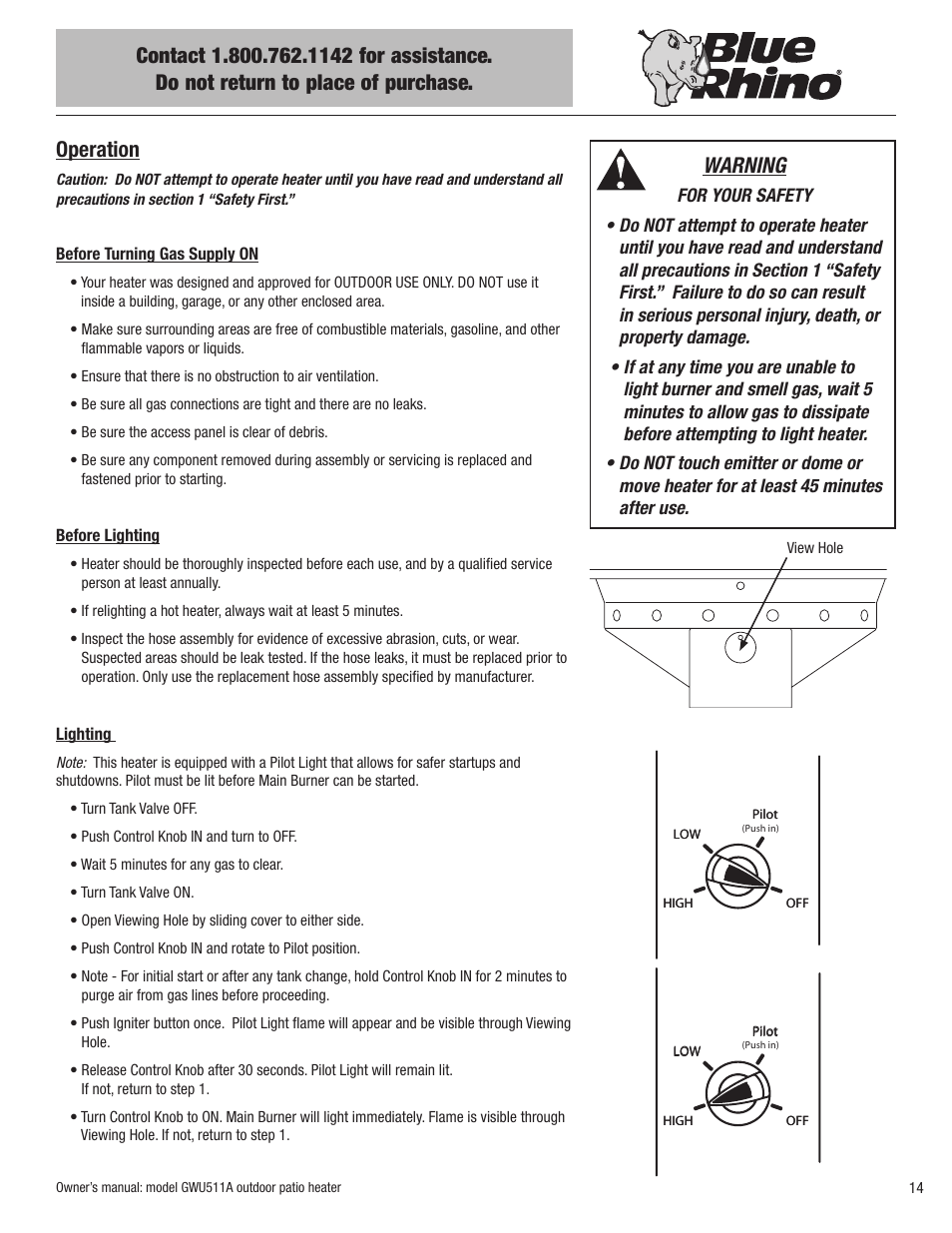 Operation, Warning | Blue Rhino GWU512A User Manual | Page 15 / 44