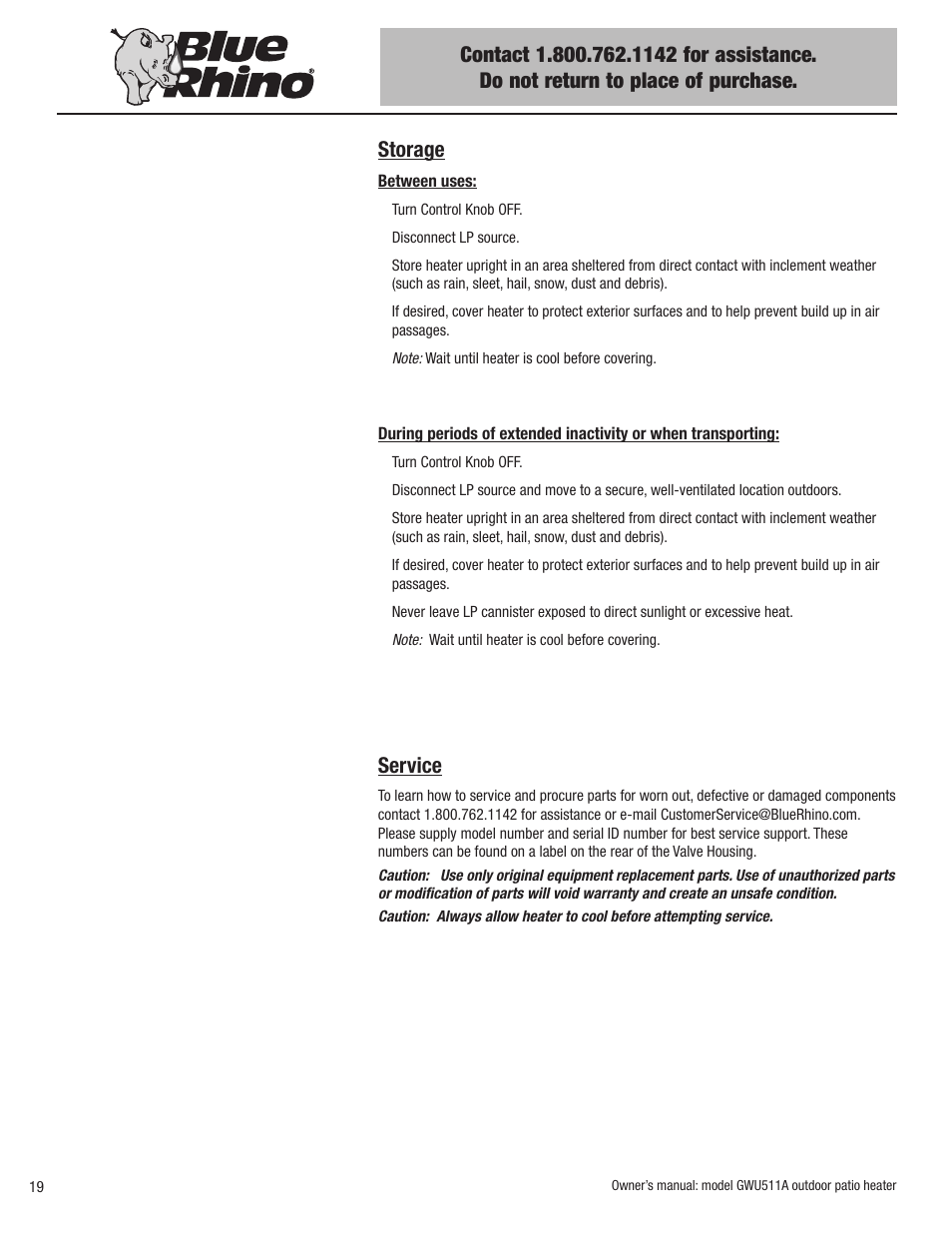 Storage, Service | Blue Rhino GWU512A User Manual | Page 20 / 44