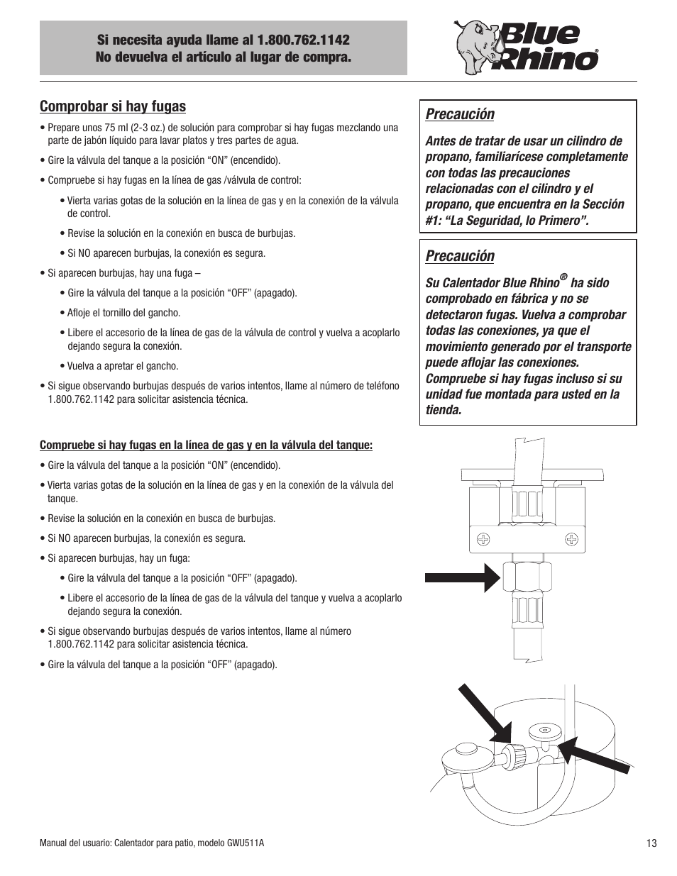 Comprobar si hay fugas, Precaución | Blue Rhino GWU512A User Manual | Page 35 / 44