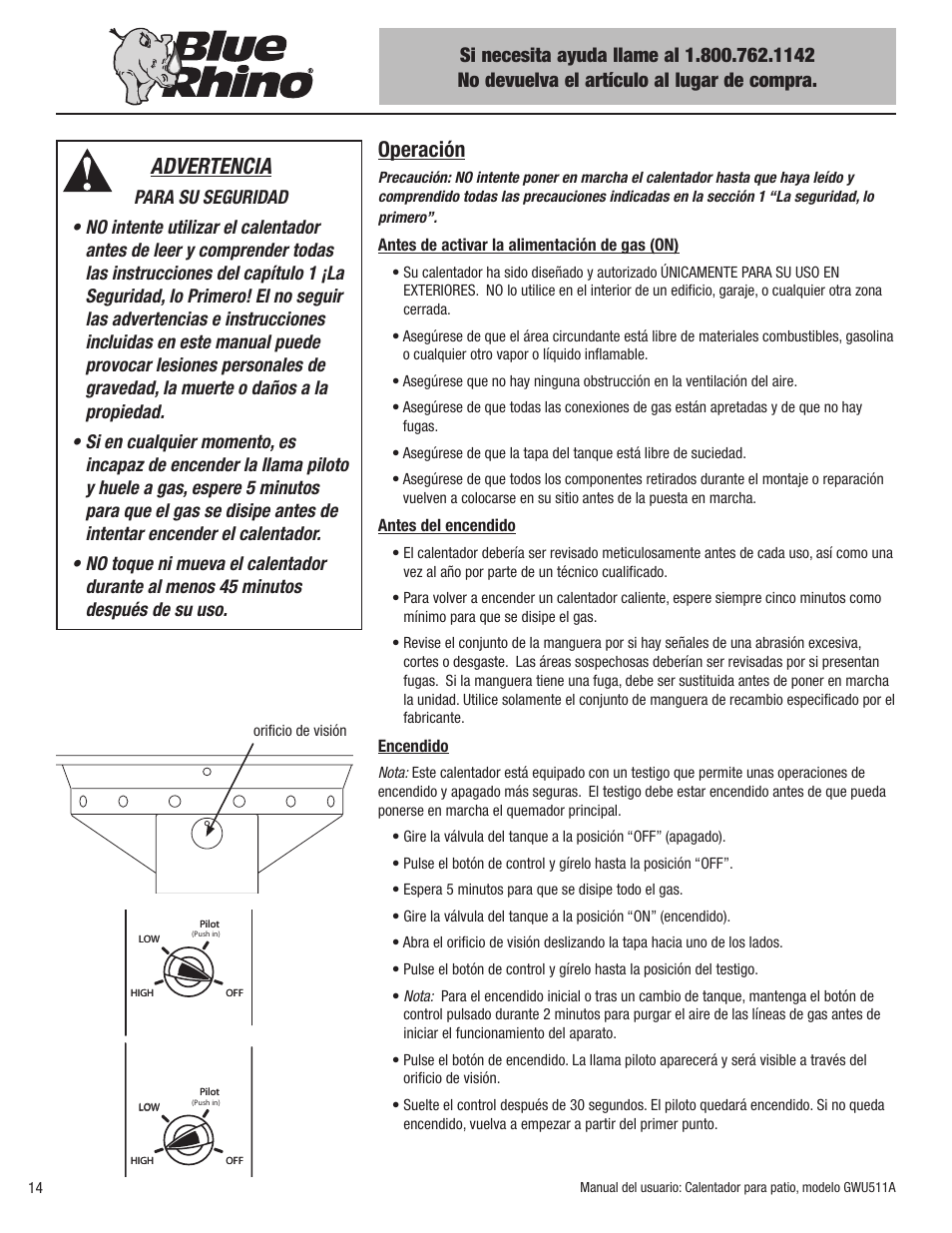 Advertencia, Operación | Blue Rhino GWU512A User Manual | Page 36 / 44