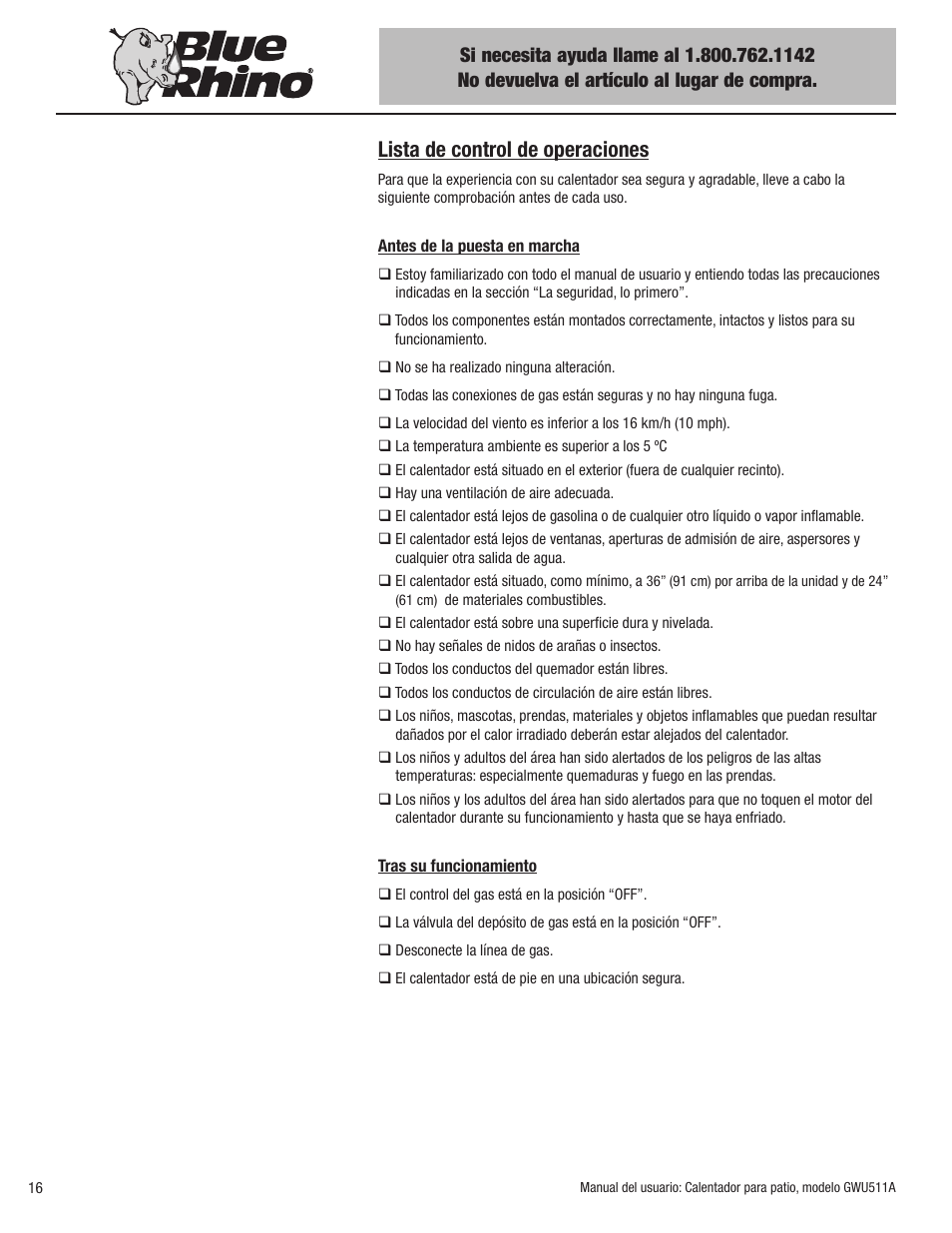 Lista de control de operaciones | Blue Rhino GWU512A User Manual | Page 38 / 44