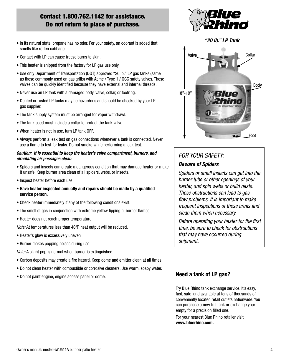 For your safety, Need a tank of lp gas | Blue Rhino GWU512A User Manual | Page 5 / 44