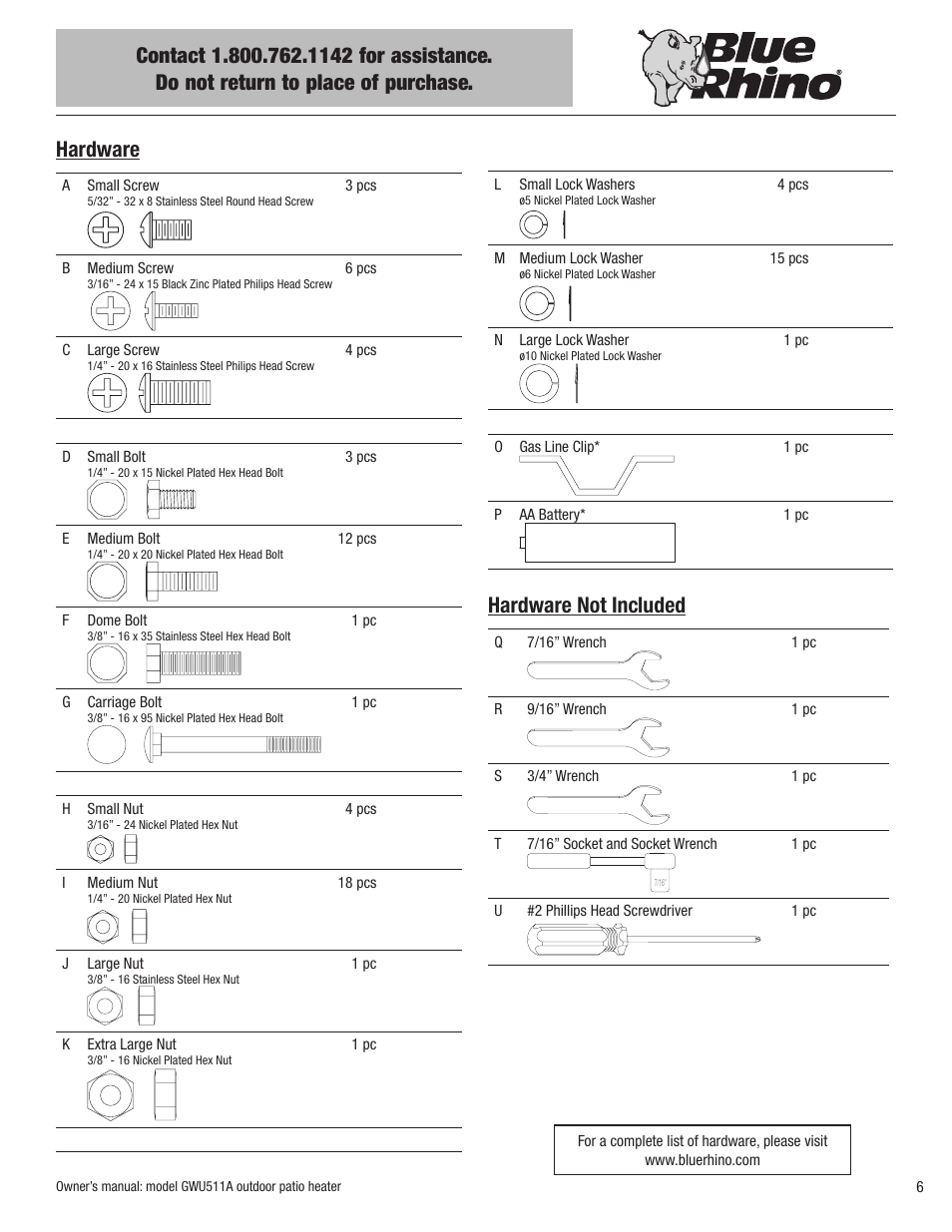 Hardware, Hardware not included | Blue Rhino GWU512A User Manual | Page 7 / 44