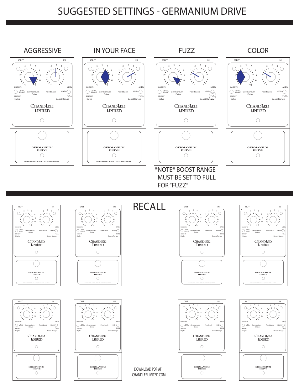 Suggested settings - germanium drive, Recall, Aggressive in your face fuzz color | Chandler Limited Germanium Drive User Manual | Page 5 / 6