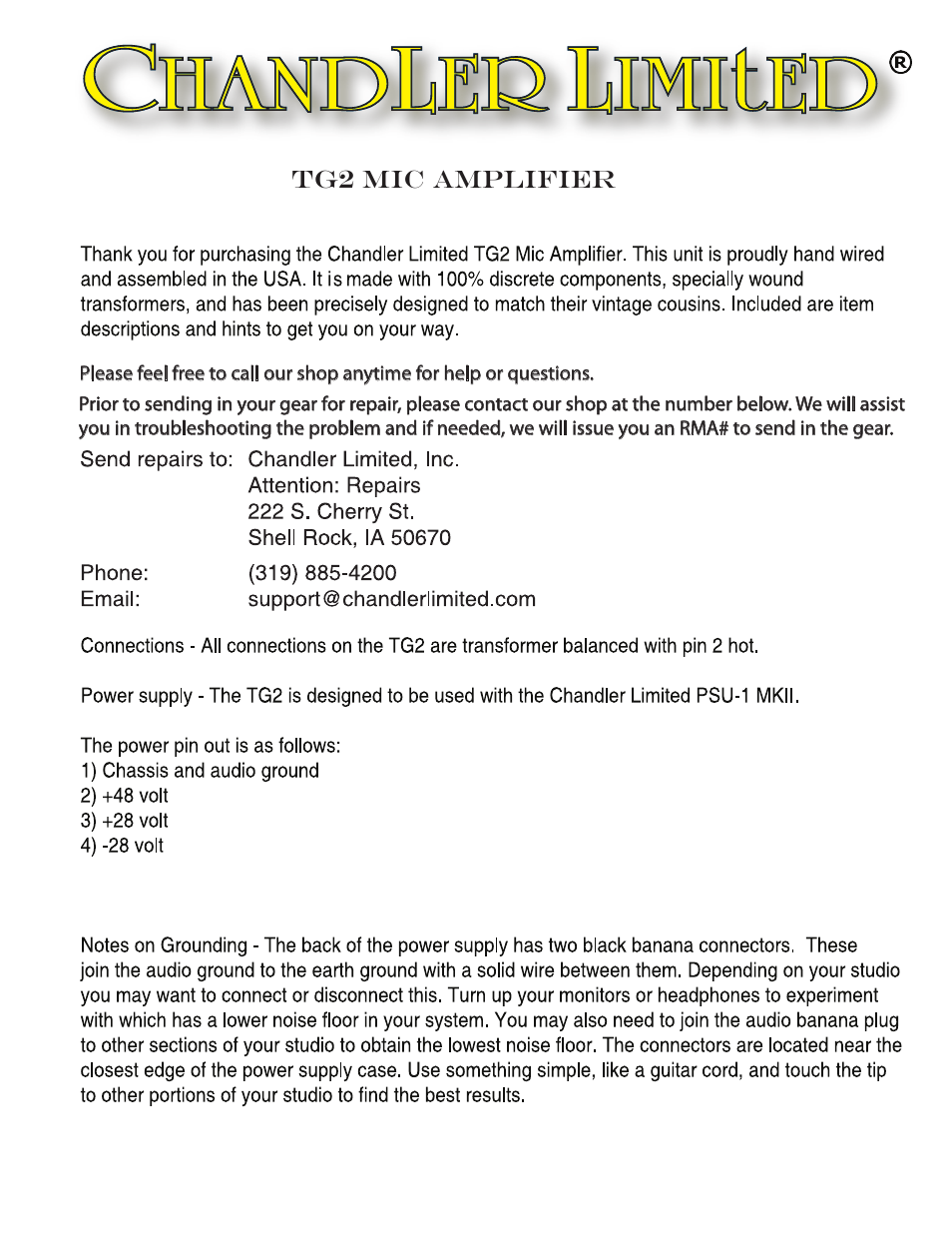 Chandler Limited TG2 User Manual | 4 pages