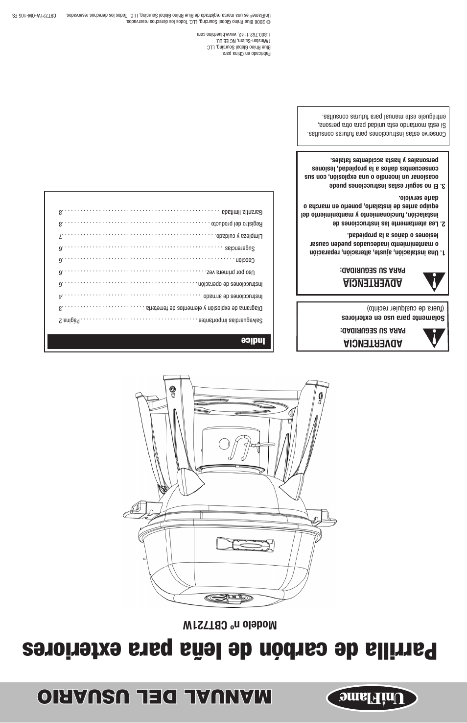 Parrilla de carbón de leña para exteriores, Manual del usuario, Modelo nº cbt721w | Advertencia, Indice | Blue Rhino CBT721W User Manual | Page 16 / 16