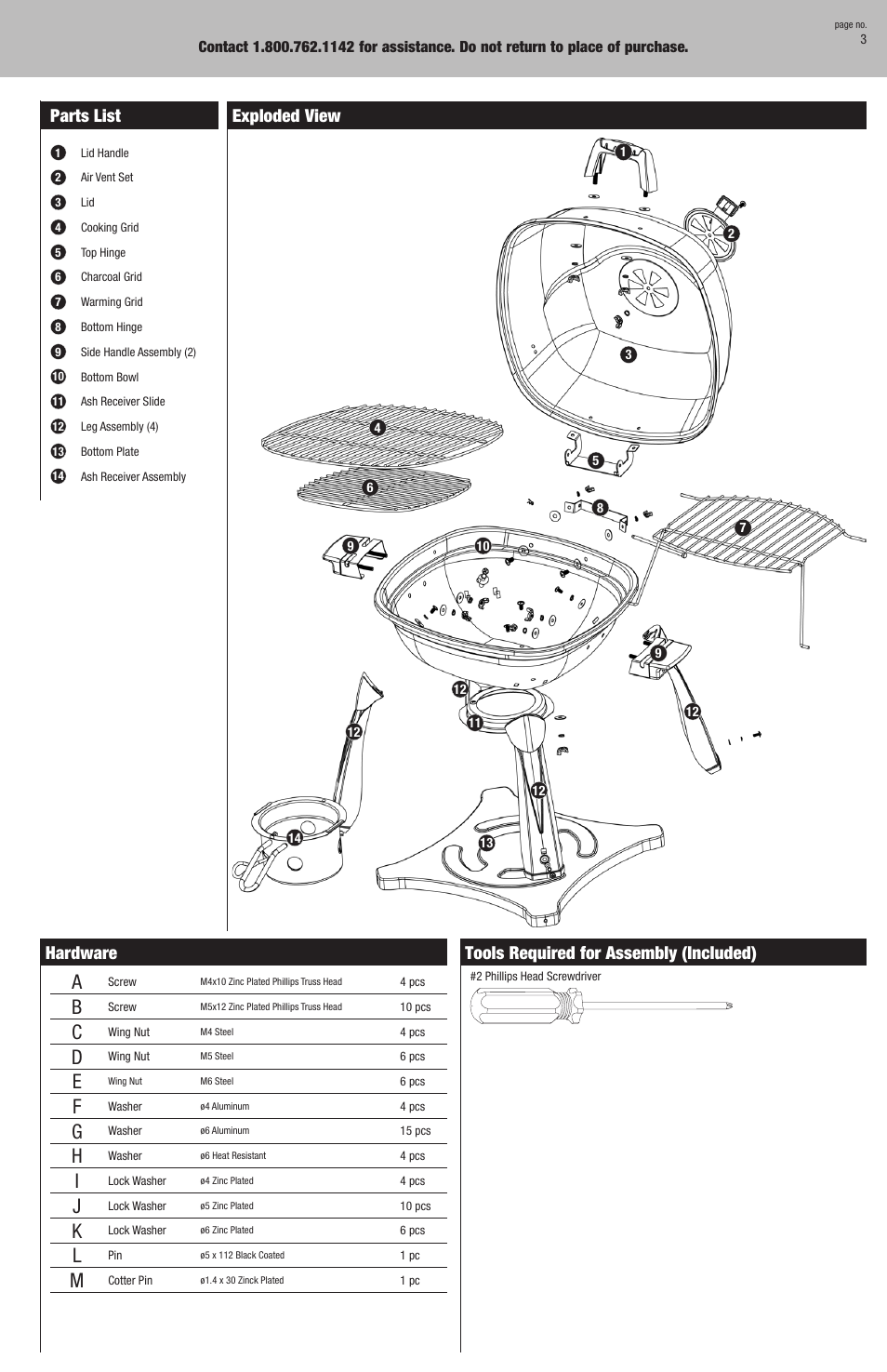 Parts list, Exploded view, Hardware | Tools required for assembly (included) | Blue Rhino CBT721W User Manual | Page 3 / 16