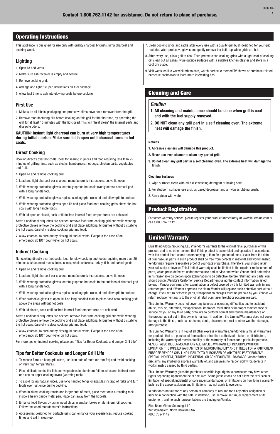 Cleaning and care, Product registration, Limited warranty | Operating instructions | Blue Rhino CBT721W User Manual | Page 7 / 16