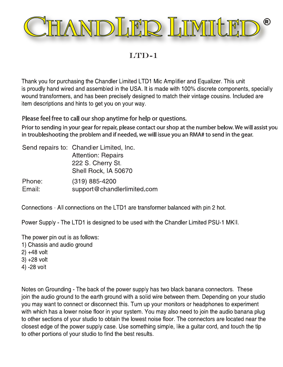 Chandler Limited LTD-1 User Manual | 5 pages