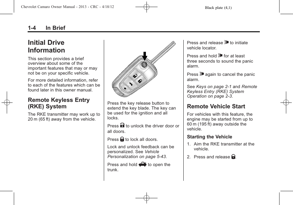 Initial drive information, Remote keyless entry (rke) system, Remote vehicle start | CHEVROLET 2013 Camaro User Manual | Page 10 / 414