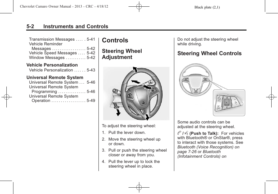 Controls, Steering wheel adjustment, Steering wheel controls | CHEVROLET 2013 Camaro User Manual | Page 100 / 414
