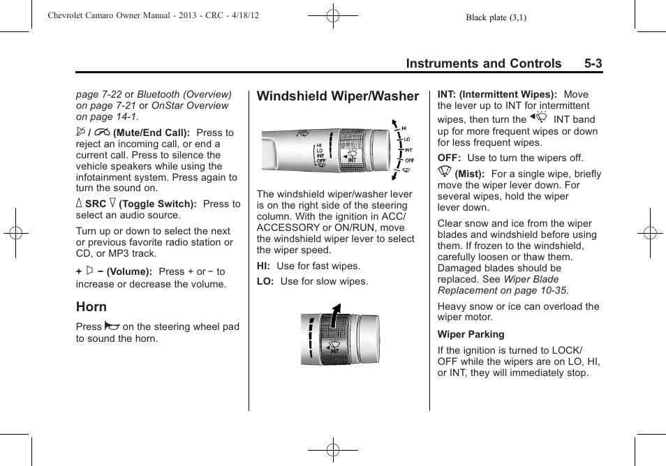 Horn, Windshield wiper/washer | CHEVROLET 2013 Camaro User Manual | Page 101 / 414