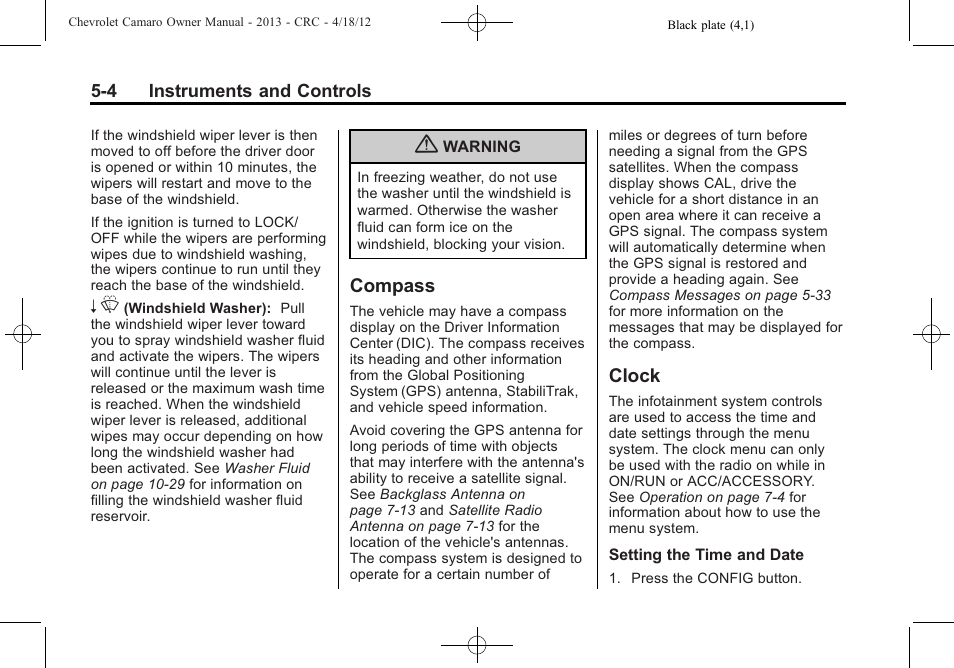 Compass, Clock | CHEVROLET 2013 Camaro User Manual | Page 102 / 414