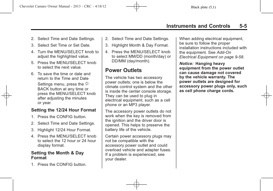 Power outlets, Instruments and controls 5-5 | CHEVROLET 2013 Camaro User Manual | Page 103 / 414