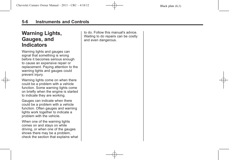 Warning lights, gauges, and indicators | CHEVROLET 2013 Camaro User Manual | Page 104 / 414