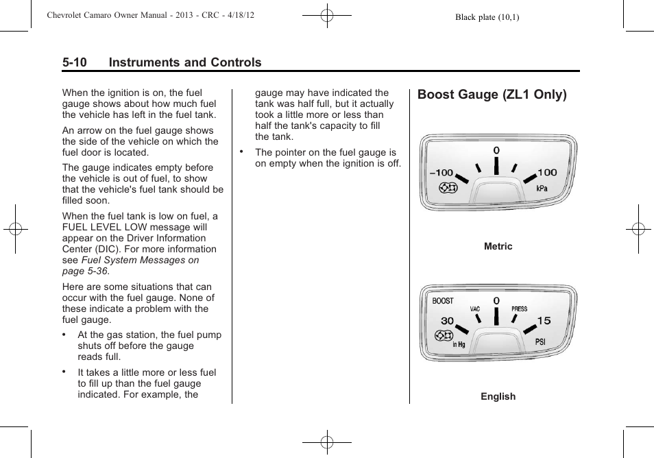 Boost gauge (zl1 only), 10 instruments and controls | CHEVROLET 2013 Camaro User Manual | Page 108 / 414