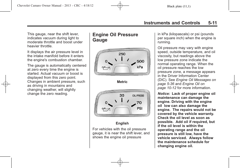 Engine oil pressure gauge | CHEVROLET 2013 Camaro User Manual | Page 109 / 414