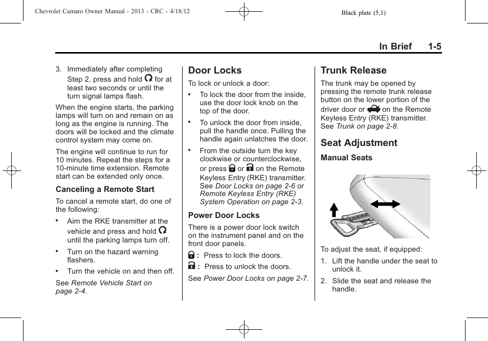 Door locks, Trunk release, Seat adjustment | CHEVROLET 2013 Camaro User Manual | Page 11 / 414