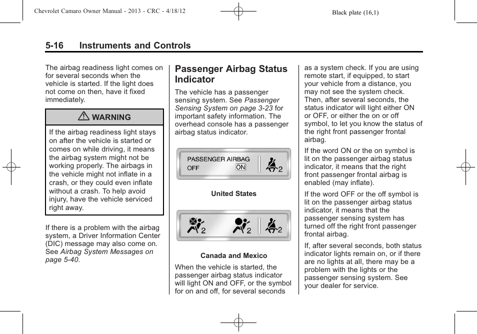Passenger airbag status indicator | CHEVROLET 2013 Camaro User Manual | Page 114 / 414