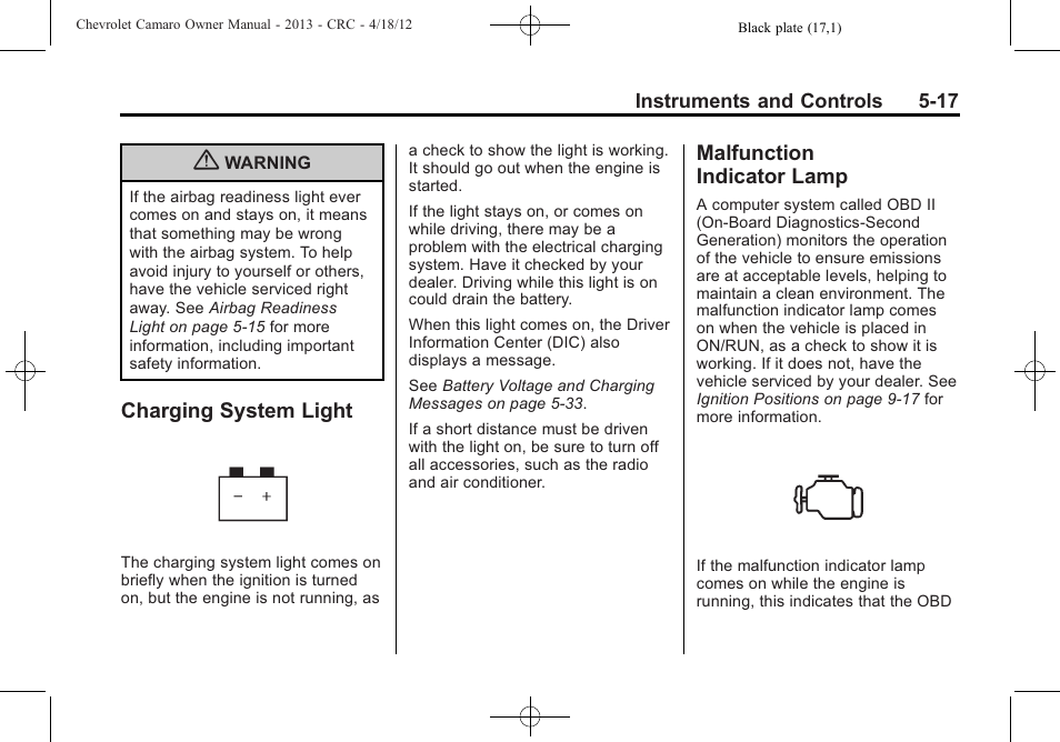 Charging system light, Malfunction indicator lamp | CHEVROLET 2013 Camaro User Manual | Page 115 / 414