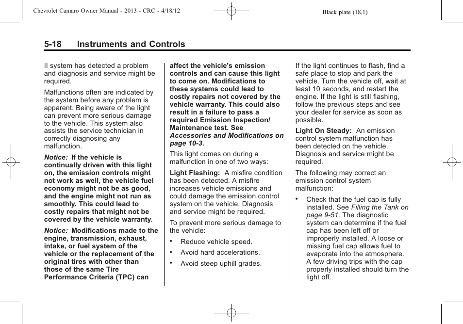 18 instruments and controls | CHEVROLET 2013 Camaro User Manual | Page 116 / 414