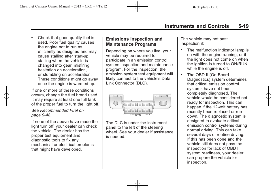Instruments and controls 5-19 | CHEVROLET 2013 Camaro User Manual | Page 117 / 414