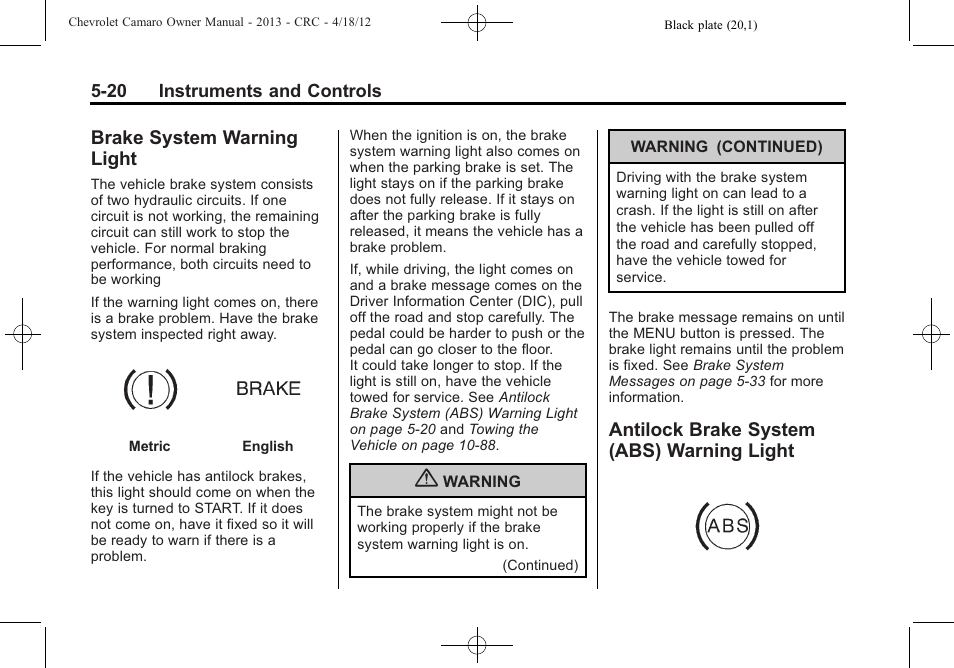 Brake system warning light, Antilock brake system (abs) warning light | CHEVROLET 2013 Camaro User Manual | Page 118 / 414