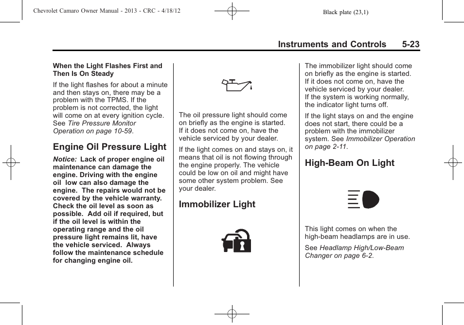 Engine oil pressure light, Immobilizer light, High-beam on light | CHEVROLET 2013 Camaro User Manual | Page 121 / 414