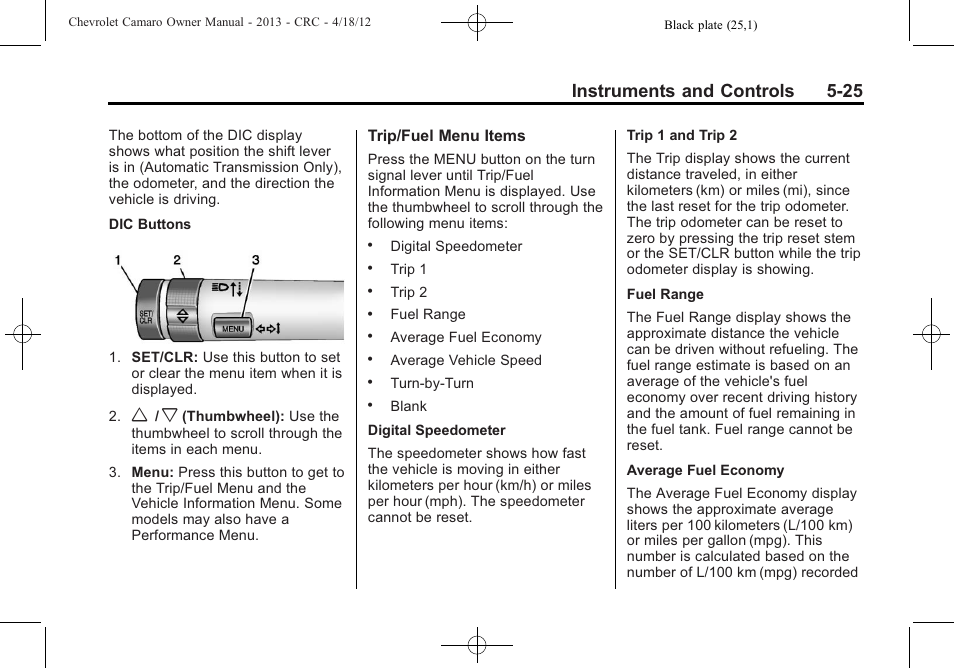 Instruments and controls 5-25 | CHEVROLET 2013 Camaro User Manual | Page 123 / 414