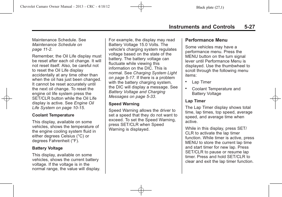 Instruments and controls 5-27 | CHEVROLET 2013 Camaro User Manual | Page 125 / 414