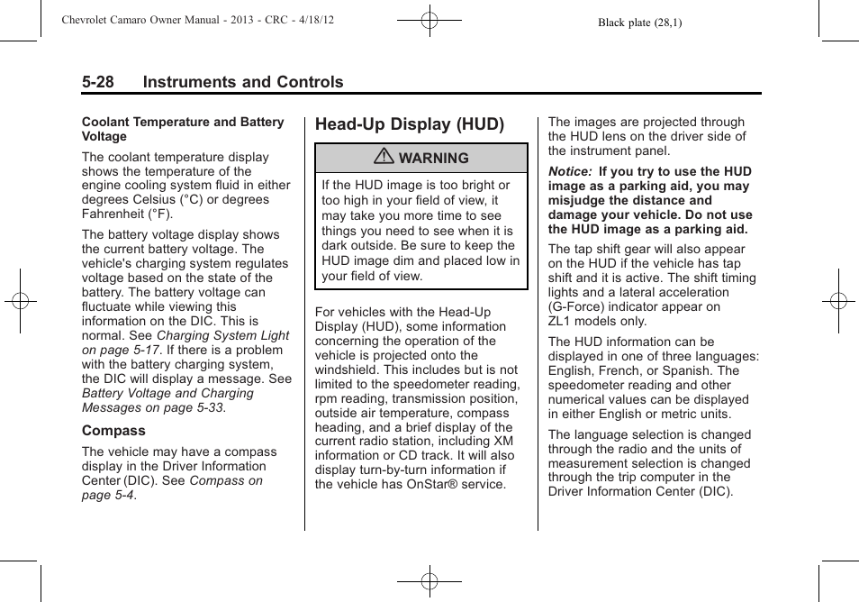 Head-up display (hud) | CHEVROLET 2013 Camaro User Manual | Page 126 / 414