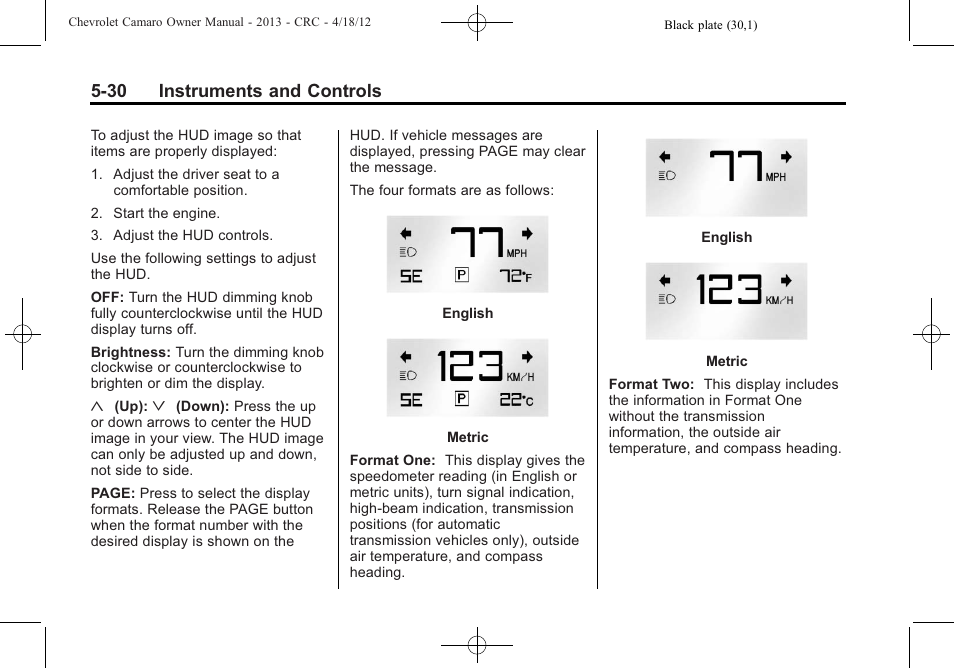 30 instruments and controls | CHEVROLET 2013 Camaro User Manual | Page 128 / 414