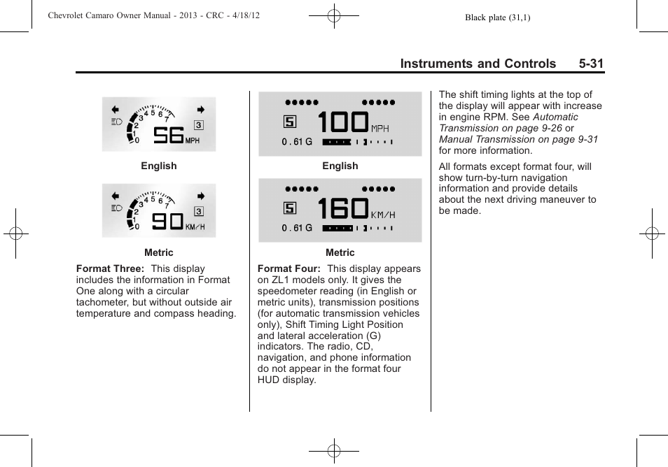 Instruments and controls 5-31 | CHEVROLET 2013 Camaro User Manual | Page 129 / 414