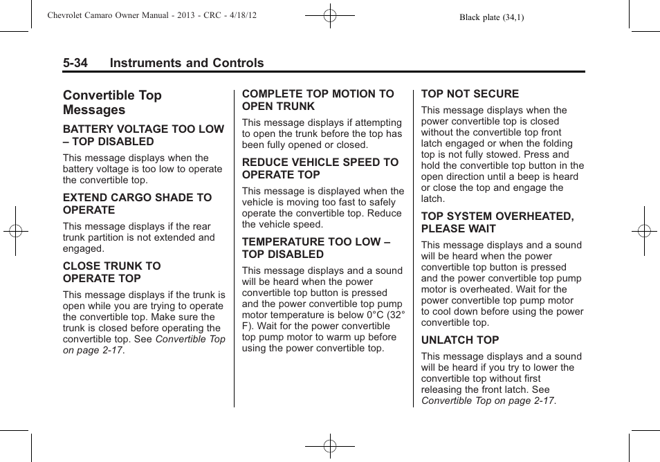 Convertible top messages | CHEVROLET 2013 Camaro User Manual | Page 132 / 414