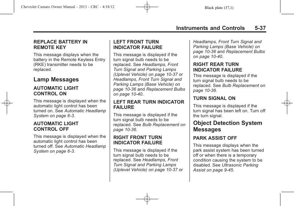 Lamp messages, Object detection system messages | CHEVROLET 2013 Camaro User Manual | Page 135 / 414