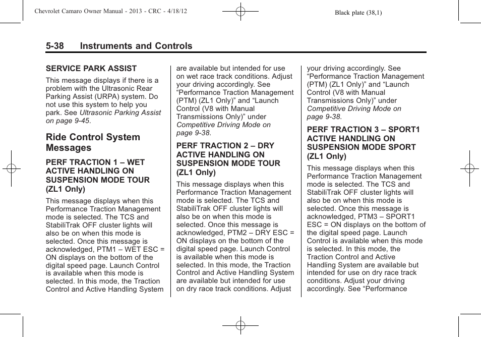 Ride control system messages | CHEVROLET 2013 Camaro User Manual | Page 136 / 414
