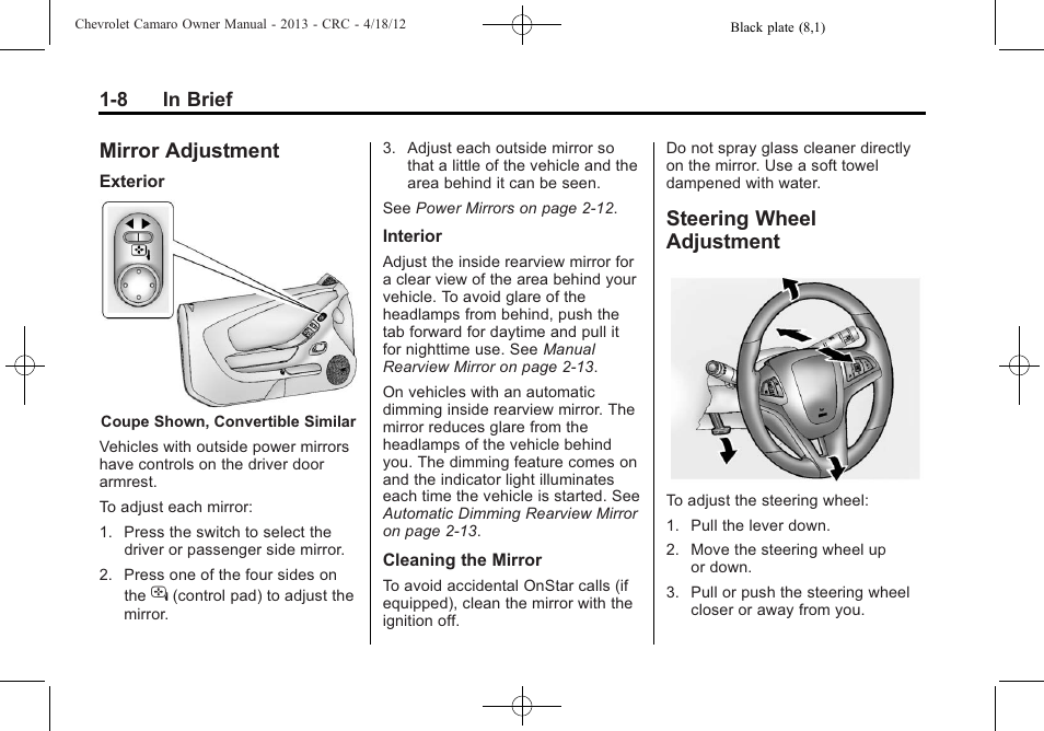 Mirror adjustment, Steering wheel adjustment | CHEVROLET 2013 Camaro User Manual | Page 14 / 414