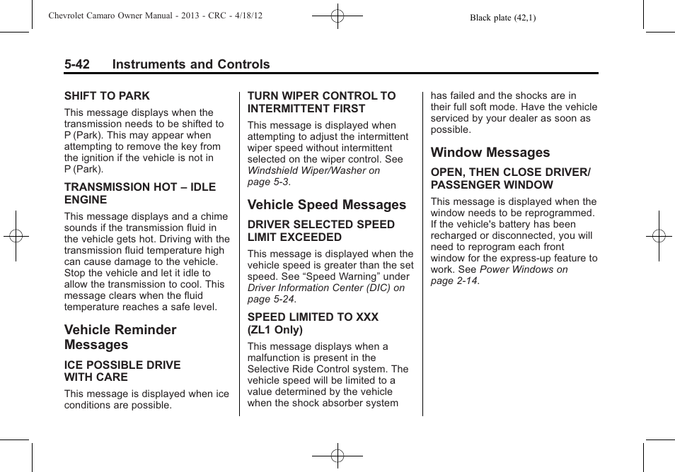 Vehicle reminder messages, Vehicle speed messages, Window messages | CHEVROLET 2013 Camaro User Manual | Page 140 / 414
