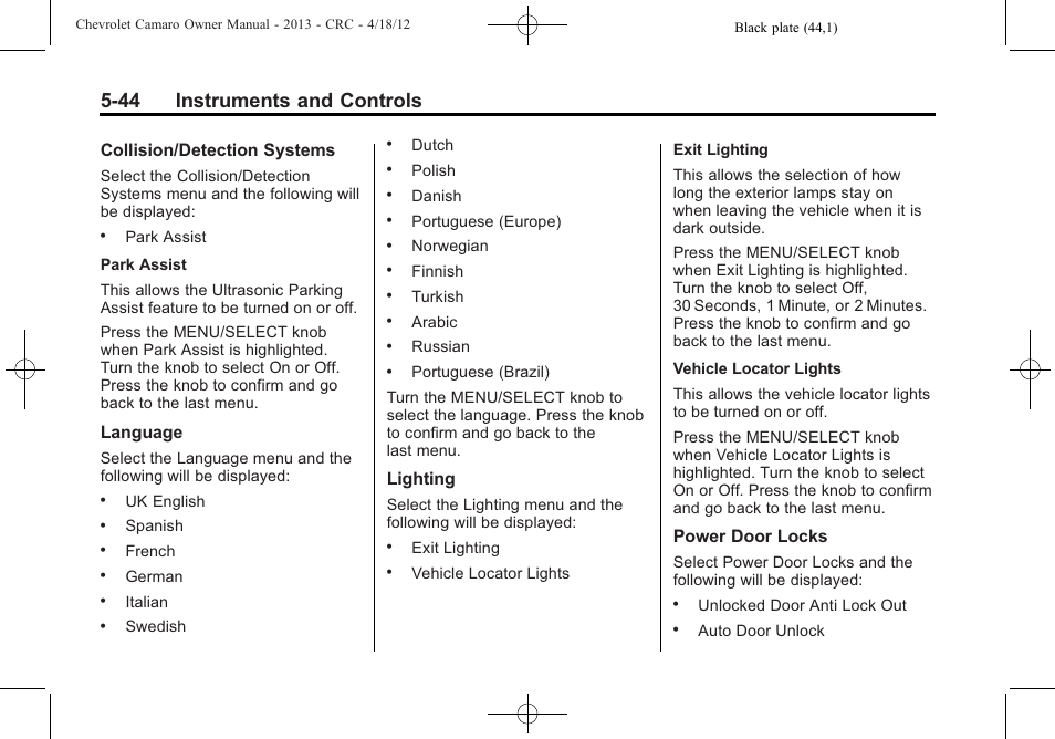 44 instruments and controls | CHEVROLET 2013 Camaro User Manual | Page 142 / 414