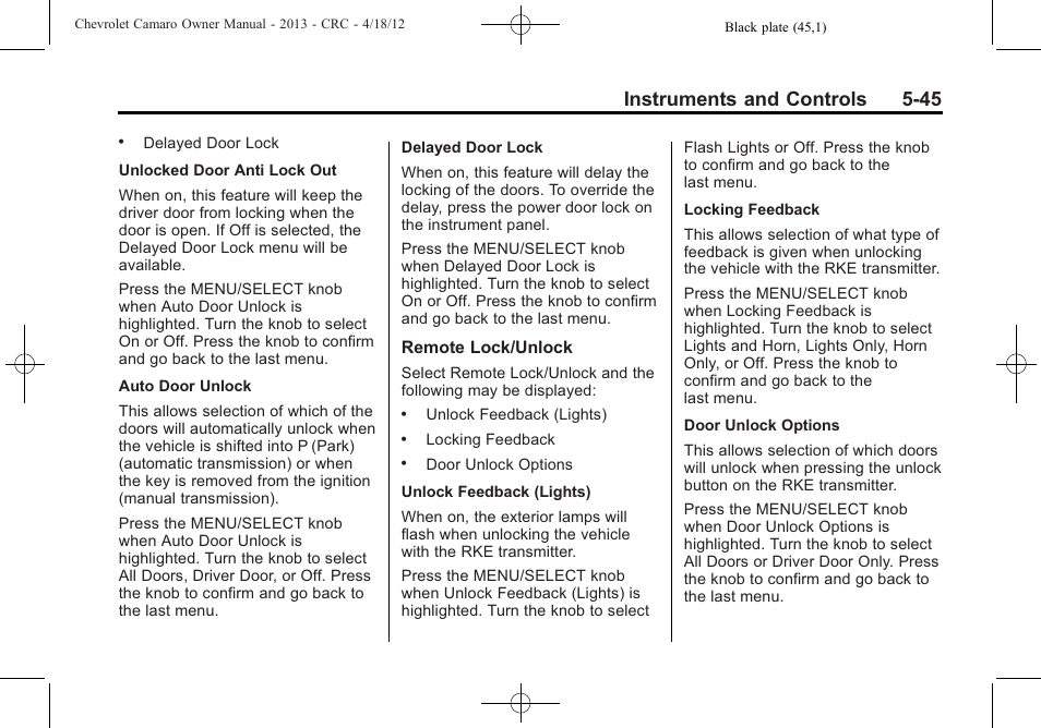 Instruments and controls 5-45 | CHEVROLET 2013 Camaro User Manual | Page 143 / 414