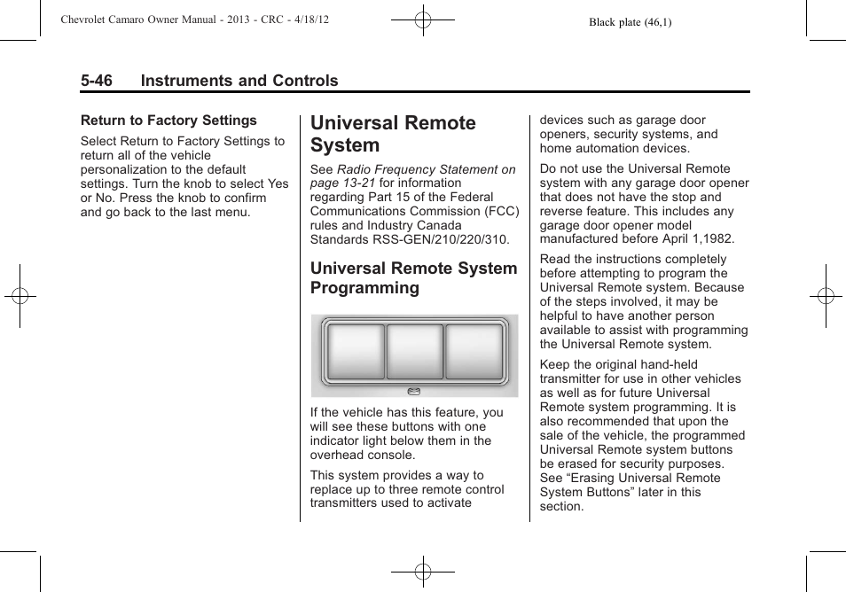 Universal remote system, Universal remote system programming | CHEVROLET 2013 Camaro User Manual | Page 144 / 414