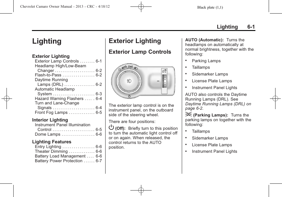 Lighting, Exterior lighting, Exterior lamp controls | Lighting 6-1 | CHEVROLET 2013 Camaro User Manual | Page 149 / 414