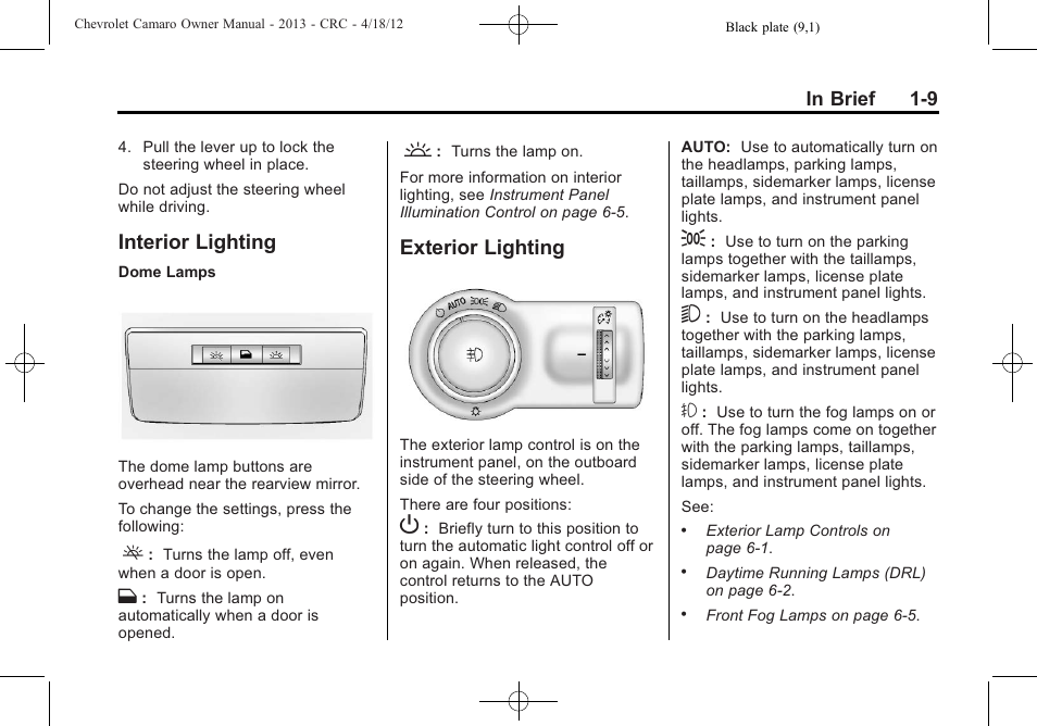 Interior lighting, Exterior lighting | CHEVROLET 2013 Camaro User Manual | Page 15 / 414