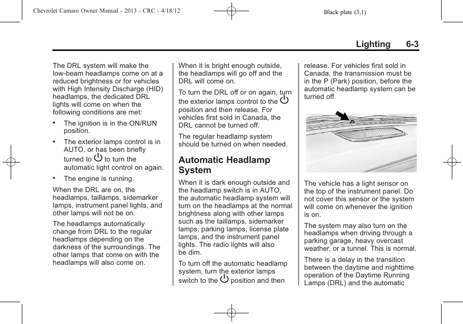 Automatic headlamp system, Lighting 6-3 | CHEVROLET 2013 Camaro User Manual | Page 151 / 414
