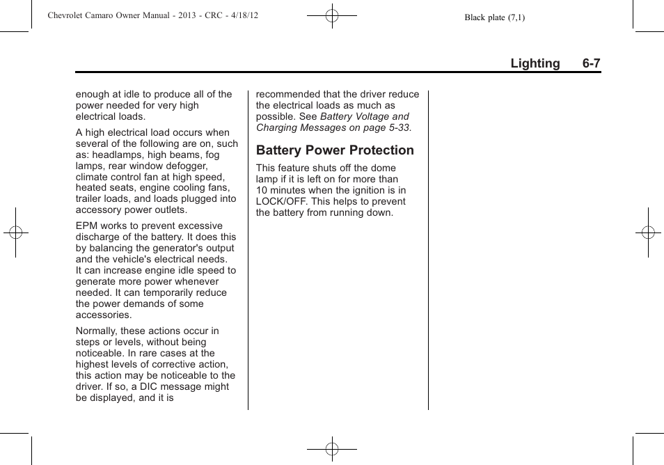 Battery power protection | CHEVROLET 2013 Camaro User Manual | Page 155 / 414