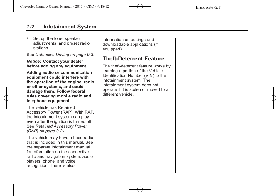 Theft-deterrent feature, 2 infotainment system | CHEVROLET 2013 Camaro User Manual | Page 158 / 414